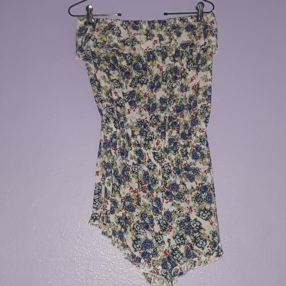 Strapless white romper with colorful flower print